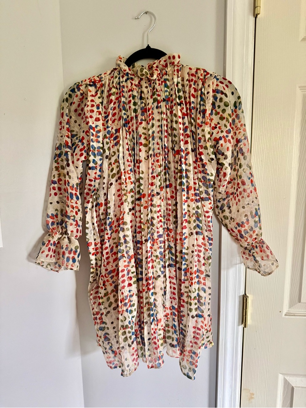 Vintage Ivory Multicolor Dot Ruffle Neck Tunic